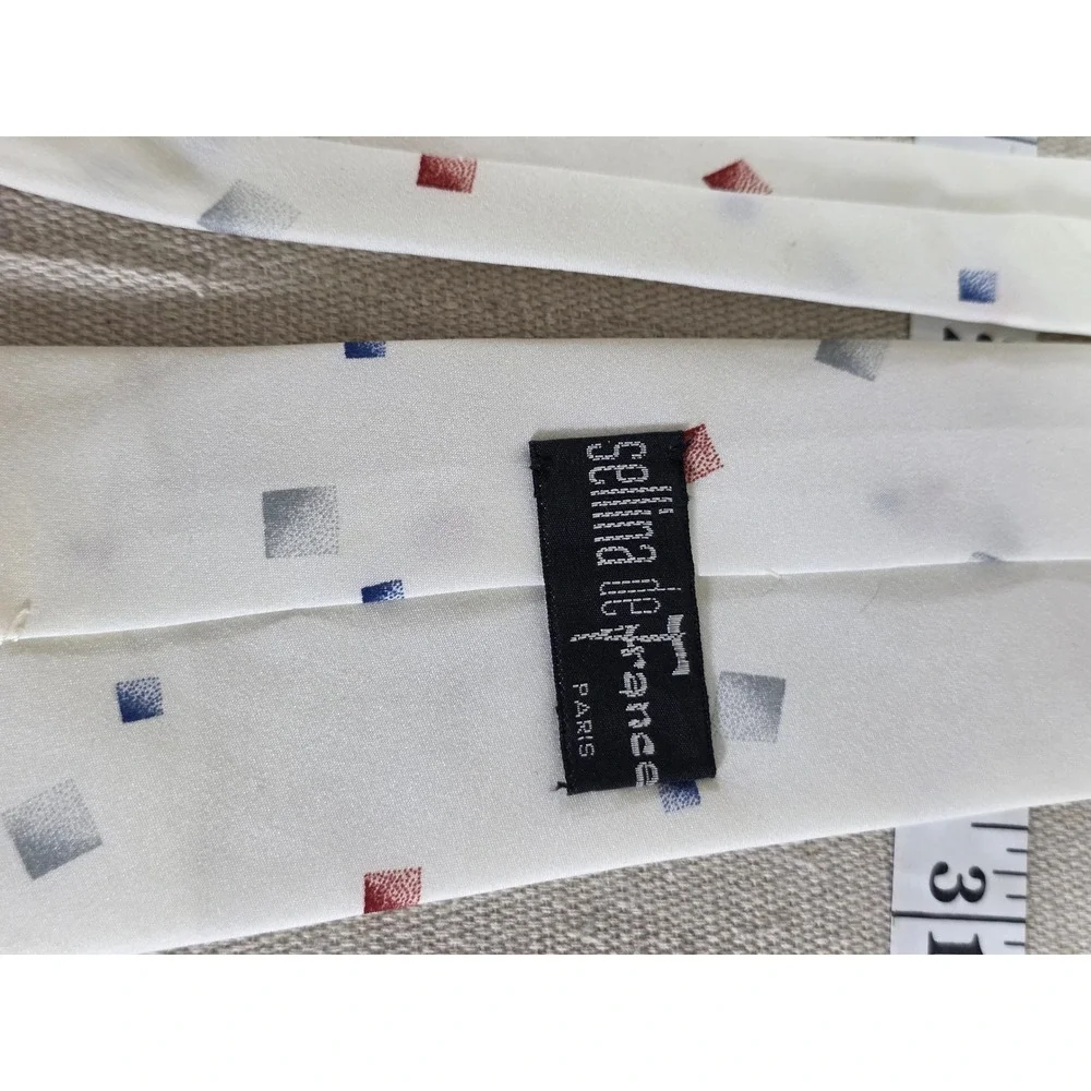 Selina de France Paris Mens Tie White Red Blue Grey Geometric Square Pattern